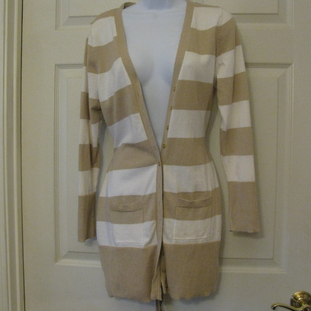 *  Apt 9 Cardigan Medium EUC Tie Belt Tan & White Stripe Button Up